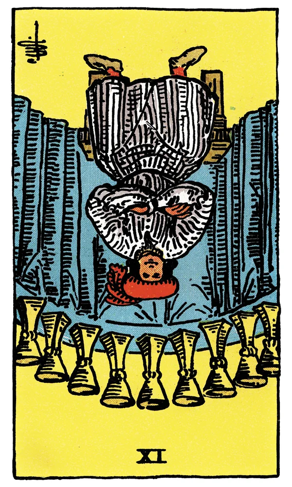 Carte de tarot Neuf de Coupes inversée