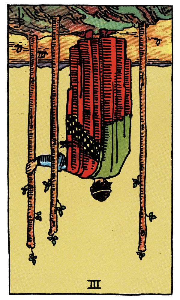 Carte de tarot Trois de Bâtons inversée