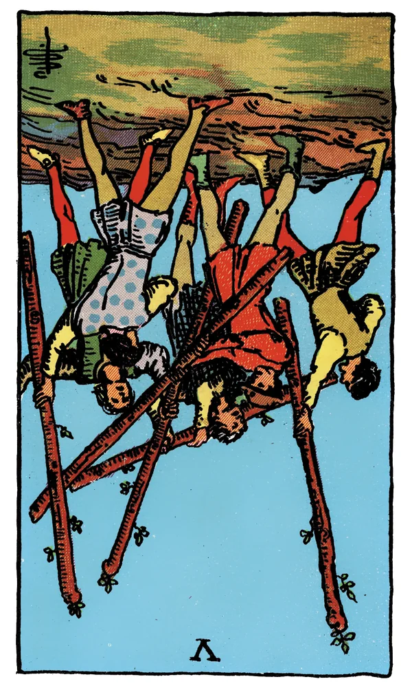 Carte de tarot Cinq de Bâtons inversée