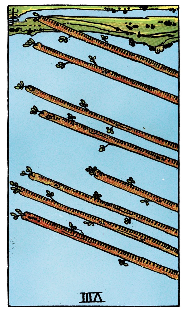 Carte de tarot Huit de Bâtons inversée