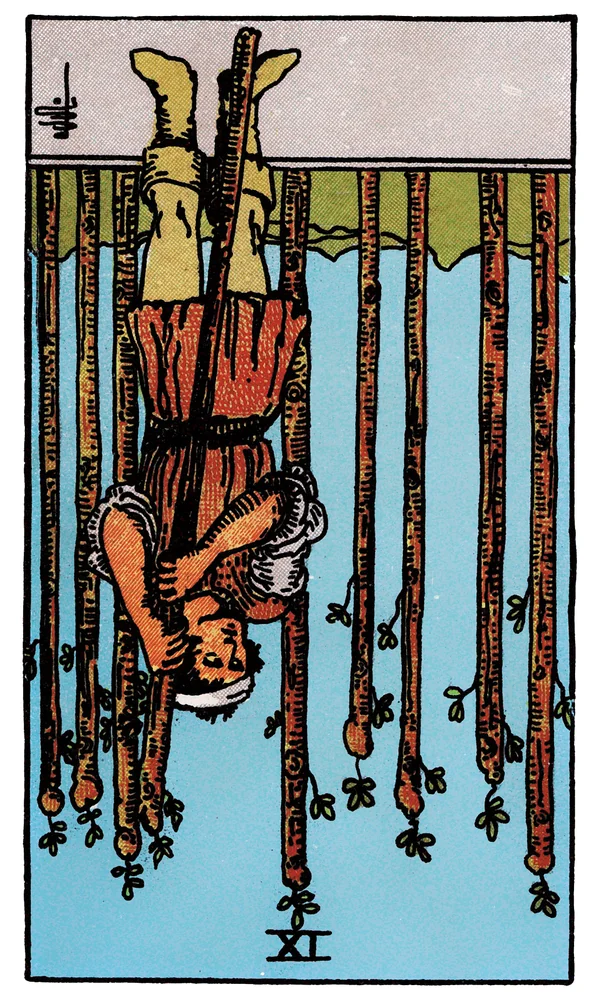 Carte de tarot Neuf de Bâtons inversée