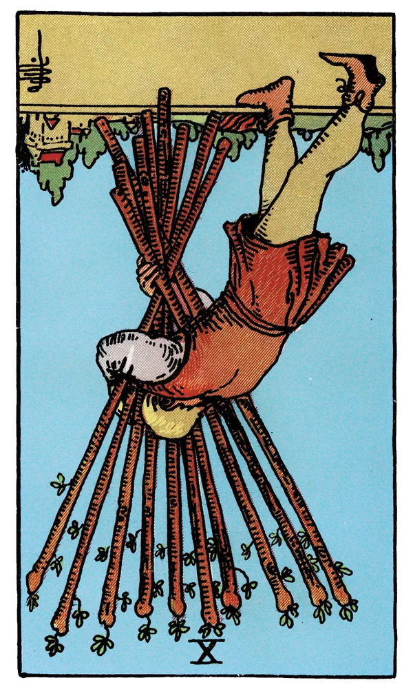 Carte de tarot Dix de Bâtons inversée