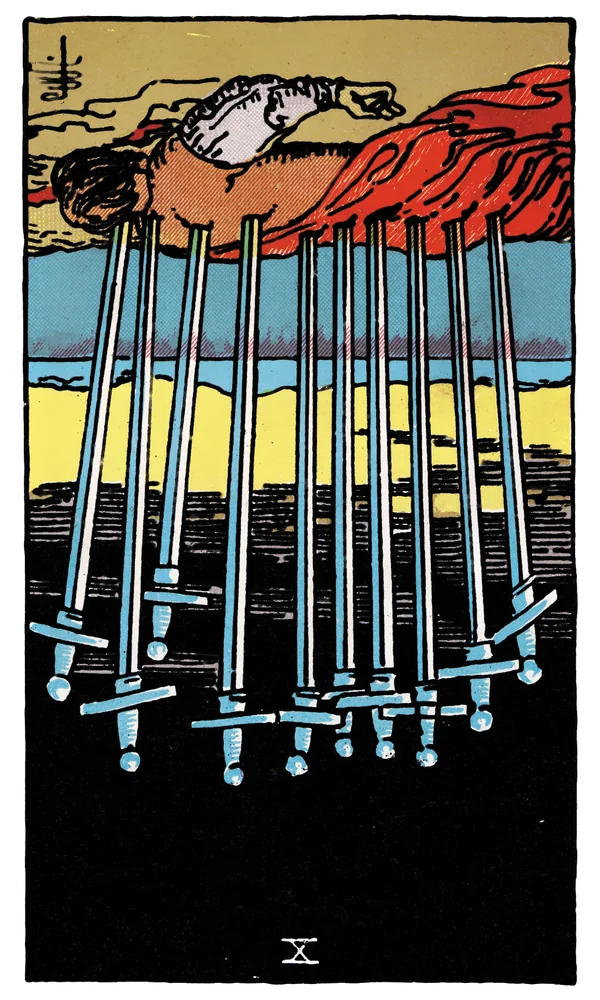 Carte de tarot Dix d'Épées inversée