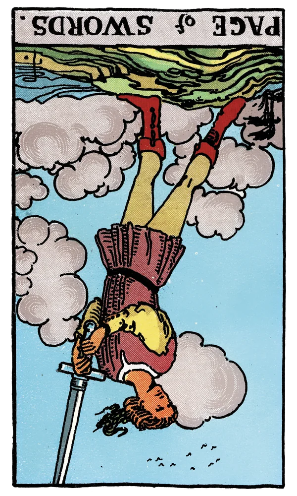 Carte de tarot Valet d'Épées inversée