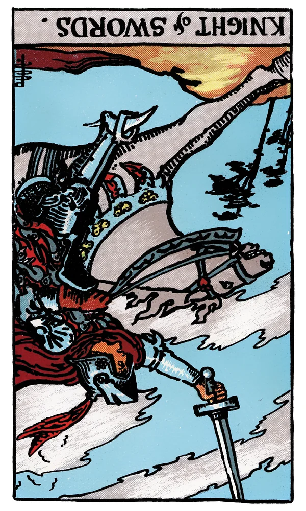 Carte de tarot Cavalier d'Épées inversée