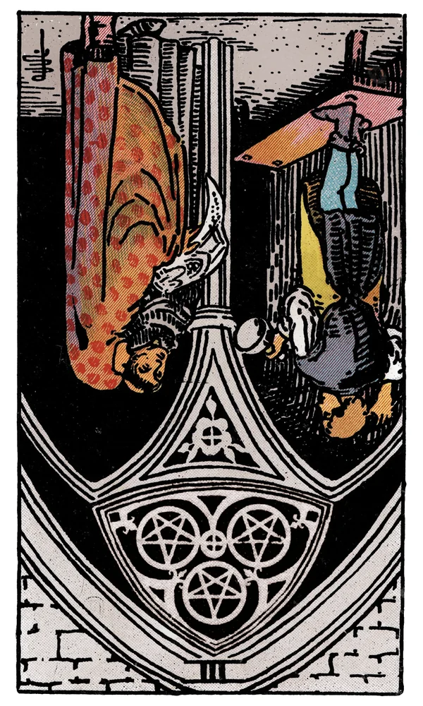 Carte de tarot Trois de Deniers inversée