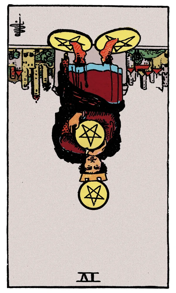 Carte de tarot Quatre de Deniers inversée