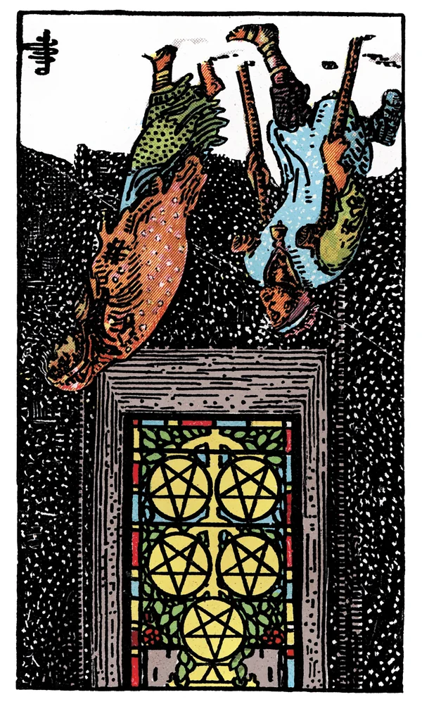Carte de tarot Cinq de Deniers inversée