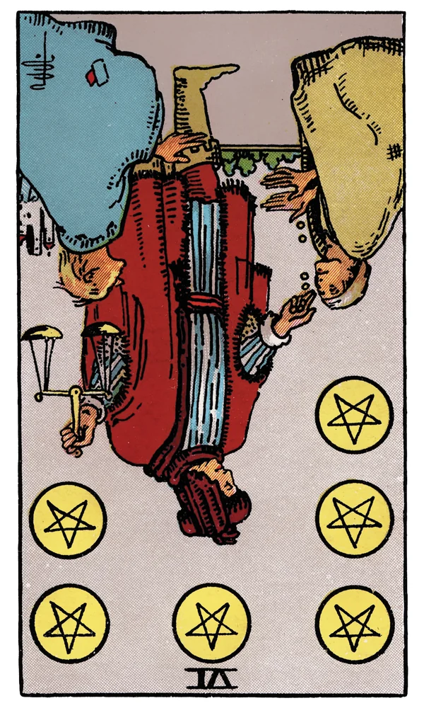 Carte de tarot Six de Deniers inversée