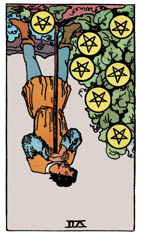 Carte de tarot Sept de Deniers inversée