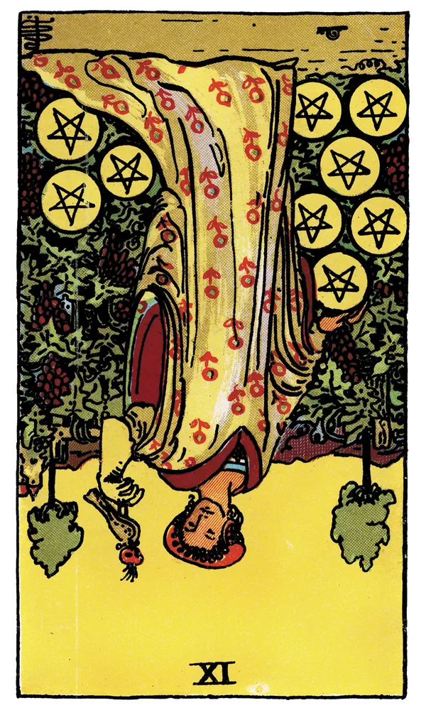 Carte de tarot Neuf de Deniers inversée