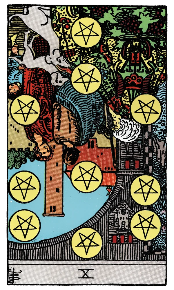 Carte de tarot Dix de Deniers inversée