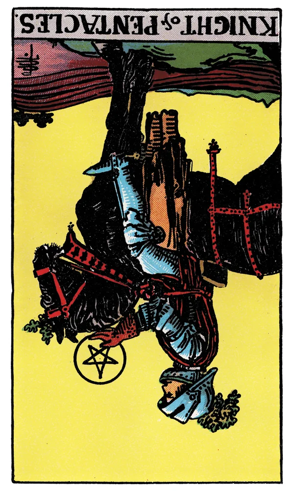 Carte de tarot Cavalier de Deniers inversée