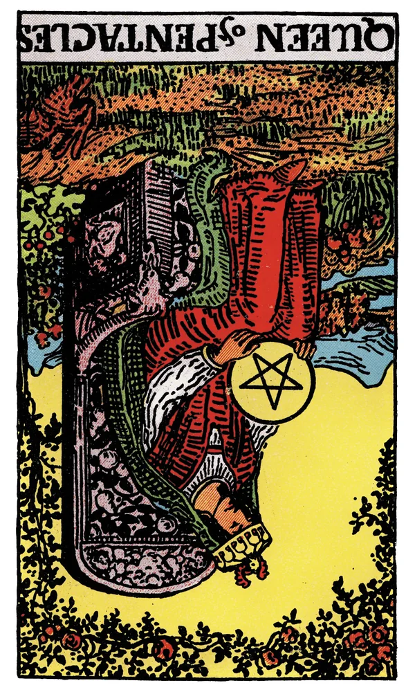 Carte de tarot Reine de Deniers inversée